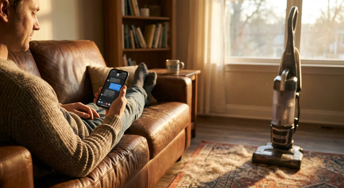 A person on a sofa using a smartphone AI assistant to compare vacuum cleaner brands in a sunlit living room.