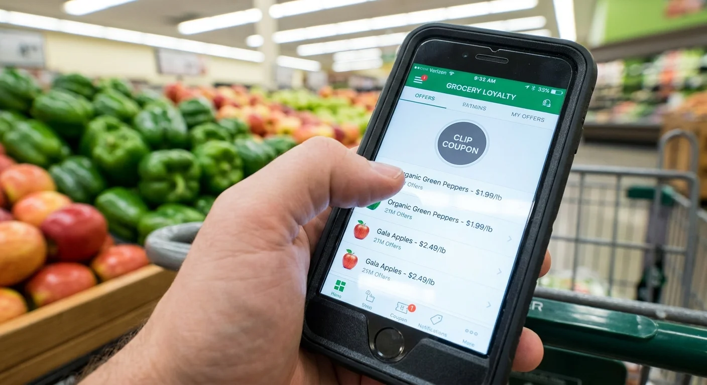 A person's hand holding a smartphone with a grocery app open in front of a produce section.