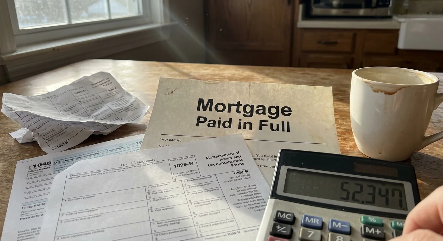 A photograph of a kitchen table with a Mortgage Paid in Full notice next to tax forms and a calculator.