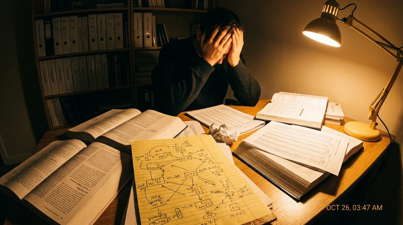 A photograph of a person with their head in their hands at a desk covered in complex financial charts and spreadsheets.