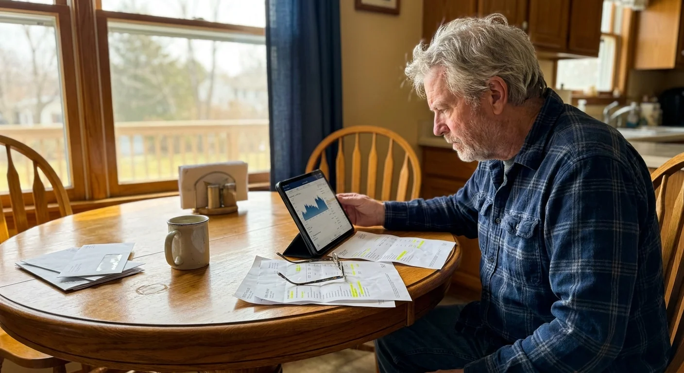 A retiree in a flannel shirt examines bank statements and a tablet at his kitchen table in the morning light.