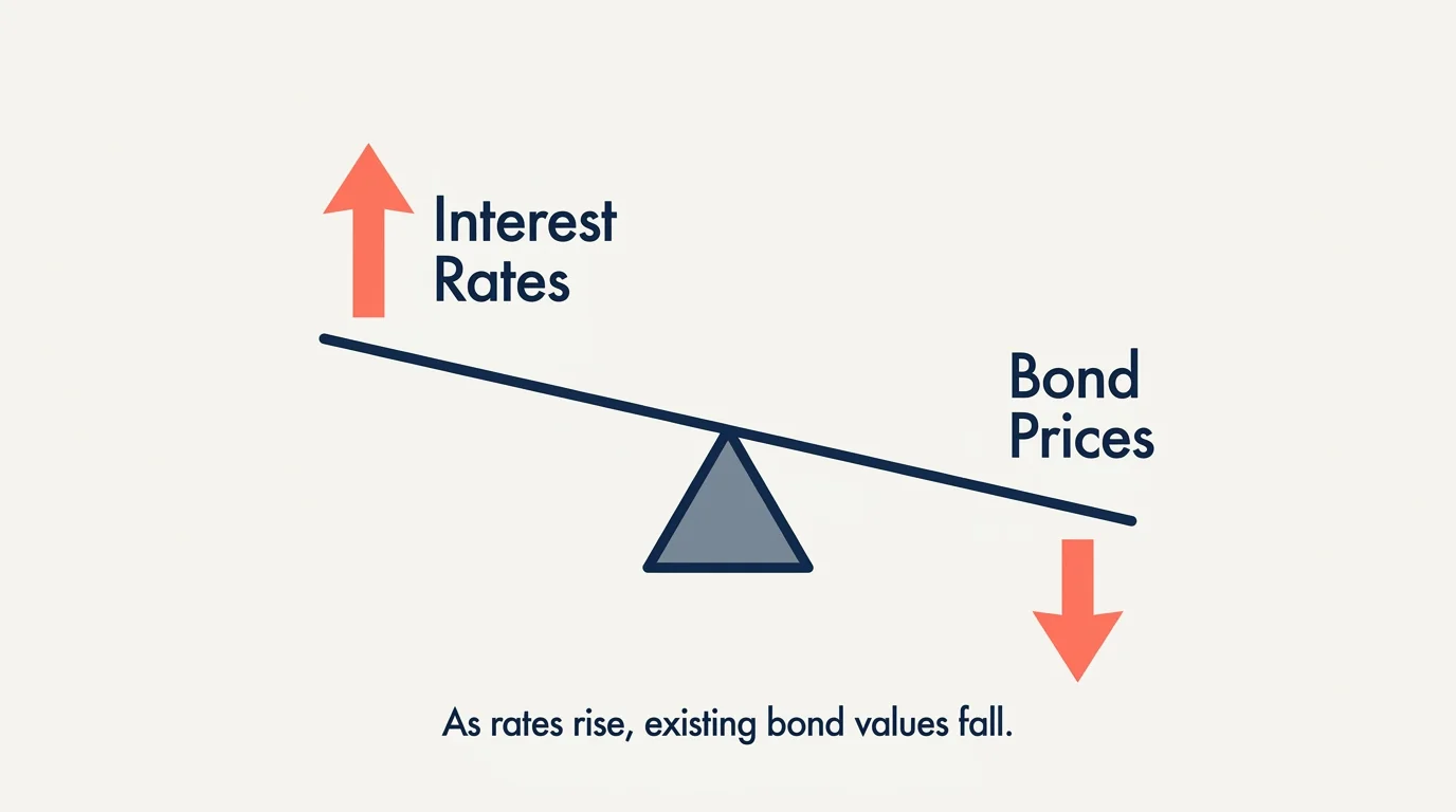 A see-saw diagram showing that when interest rates go up, the price of existing bonds goes down.