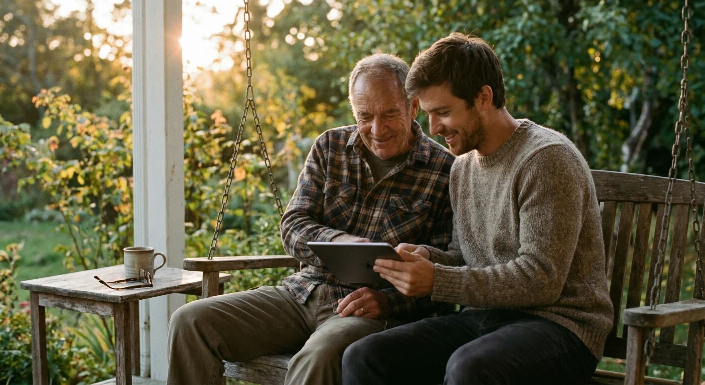 A senior man and a consultant sit casually on a porch, looking at a tablet together in the warm evening light.