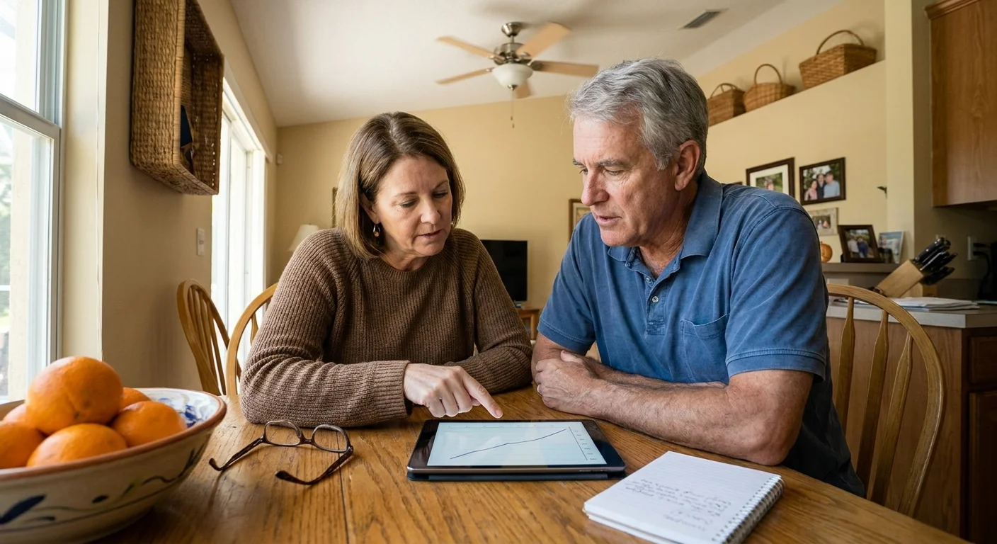 A senior man and a professional advisor looking at a tablet together in a comfortable home kitchen.