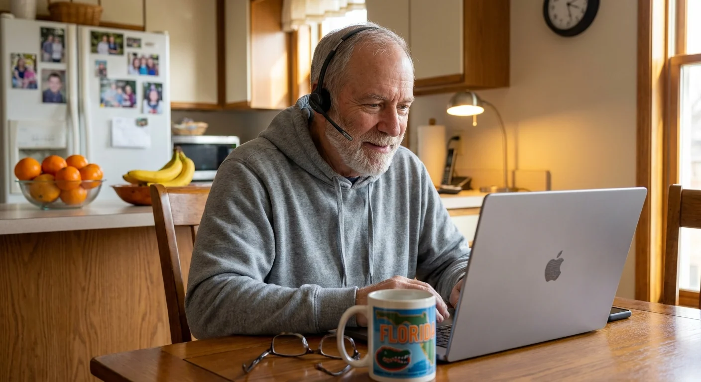 A senior man wearing a headset and working on a laptop at his kitchen table.