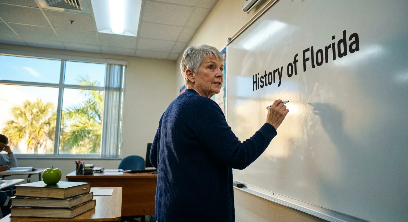 A senior substitute teacher writing on a whiteboard in a bright classroom.