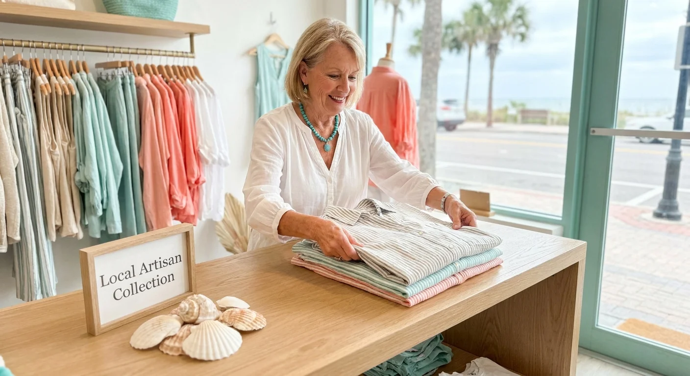 A senior woman folding clothes in a bright, coastal-themed retail boutique in Florida.