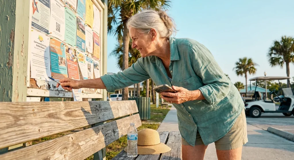 A senior woman in Florida looks at a community bulletin board for local job opportunities in the warm afternoon sun.