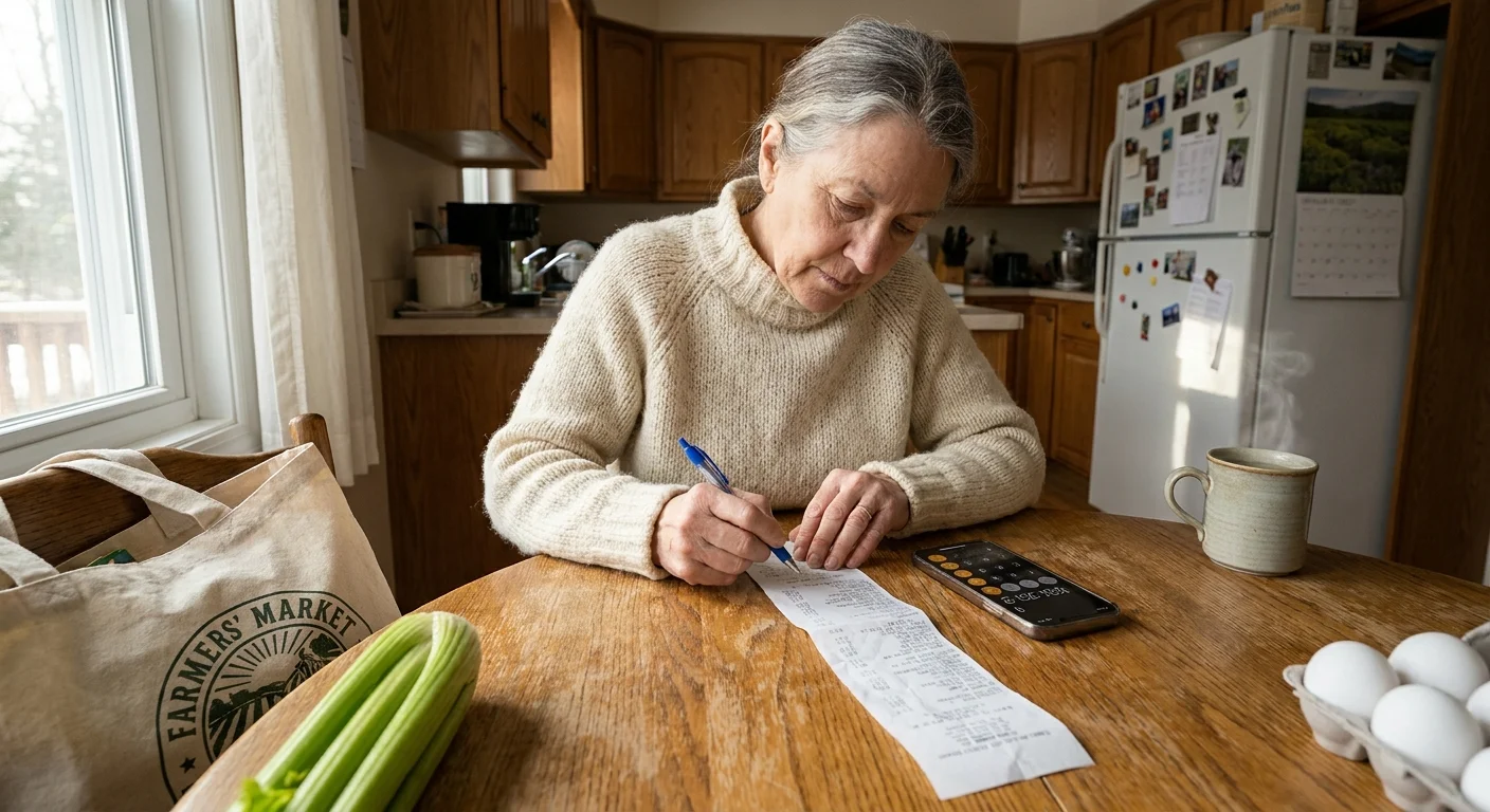 A senior woman sits at her kitchen table, carefully reviewing a grocery receipt next to her phone and a bag of groceries in soft morning lig