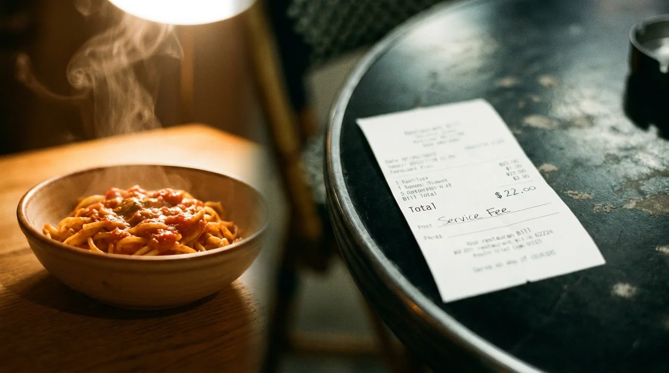 A side-by-side comparison of a cozy home-cooked meal and a restaurant bill totaling 22 dollars.