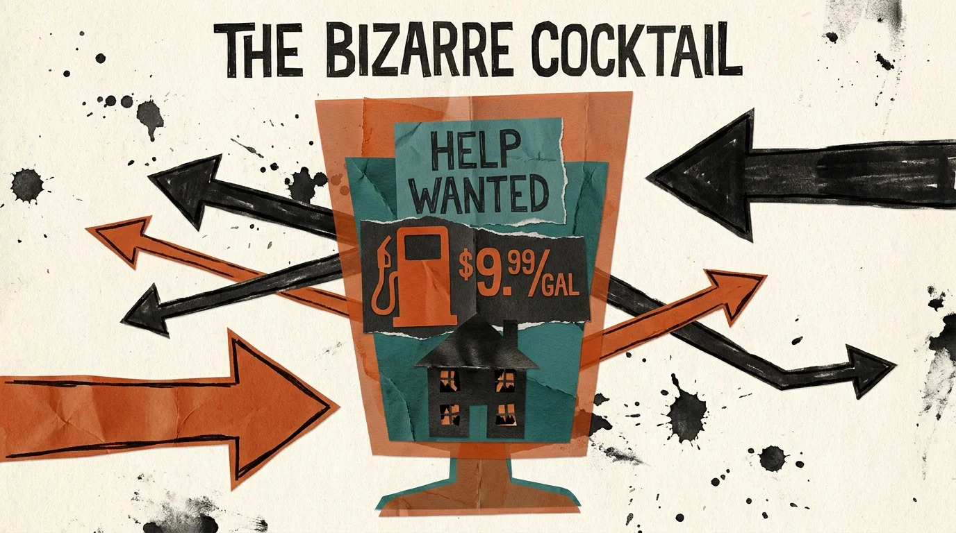 A stylized collage of a house, a gas pump, and a help wanted sign inside a glass, representing conflicting economic forces.