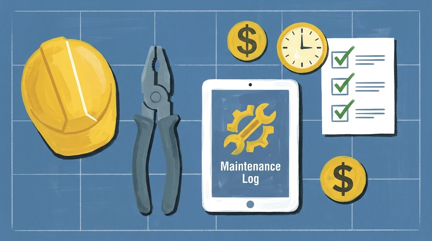 A stylized gouache illustration of a hard hat, tools, and a digital tablet, representing maintenance management roles.