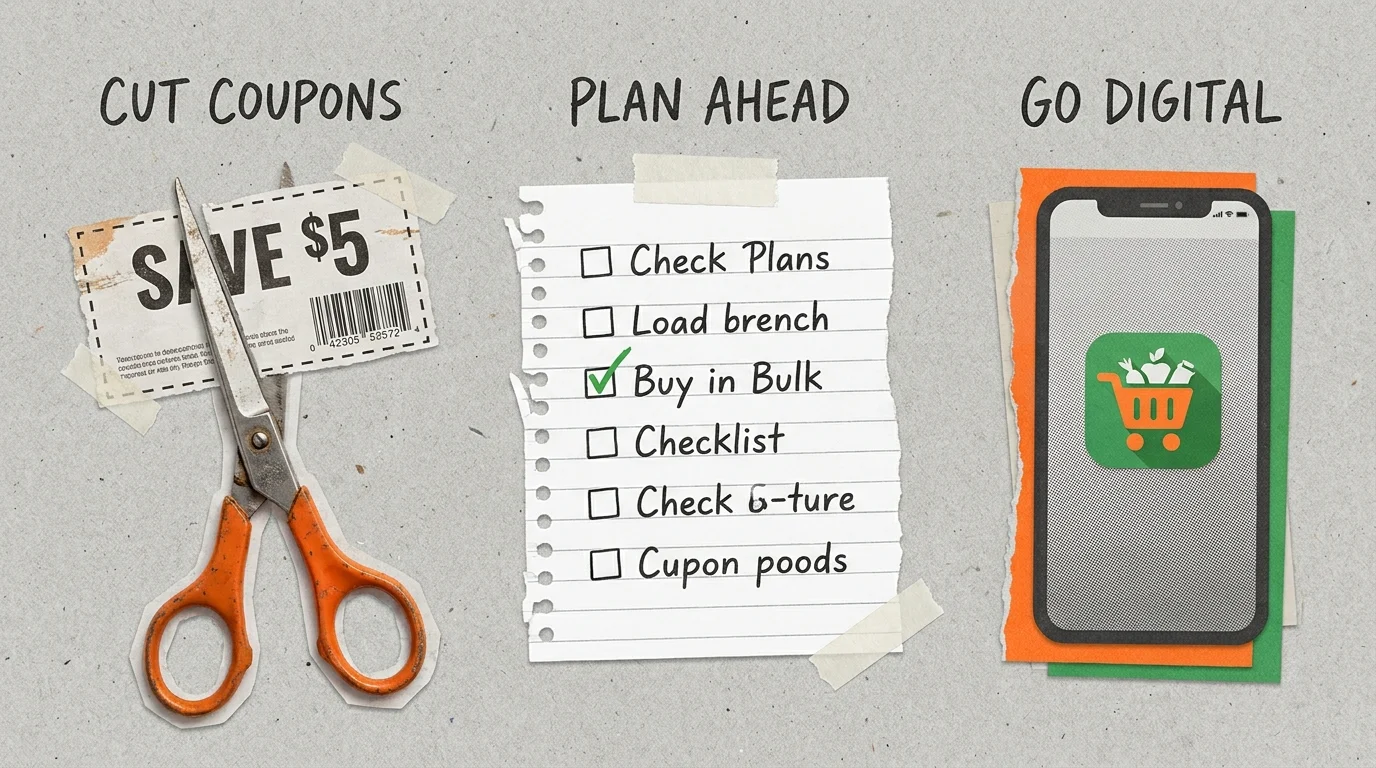 A three-part collage showing scissors cutting a coupon, a checked-off grocery list, and a smartphone store app.