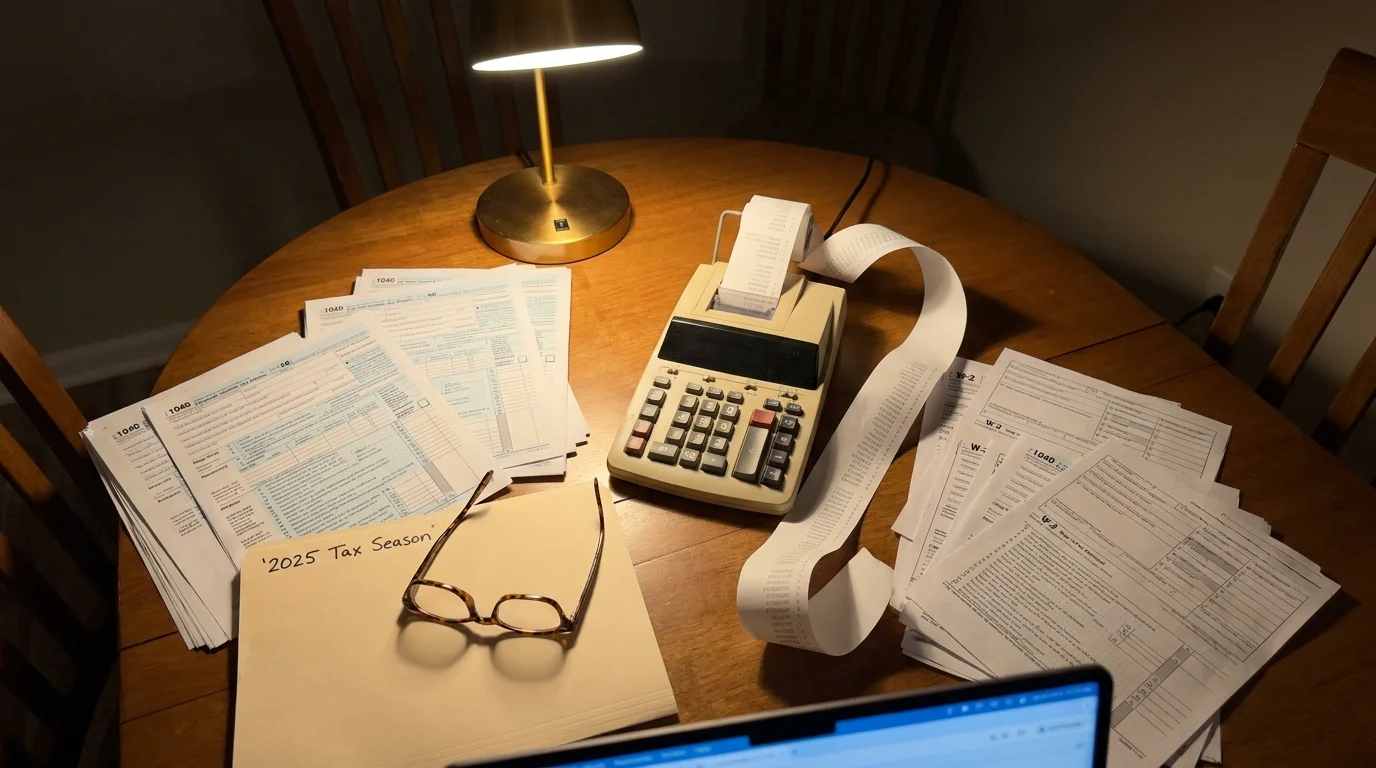 A top-down view of a dining table covered in tax forms, a calculator, and reading glasses, lit by a single desk lamp.