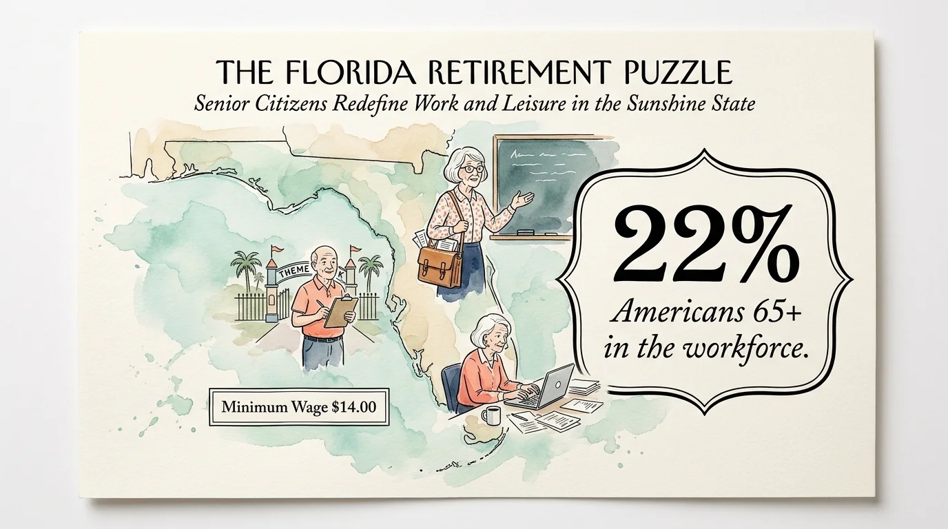 A watercolor map of Florida showing various senior workers with the statistic '22% of Americans 65+ in the workforce.'