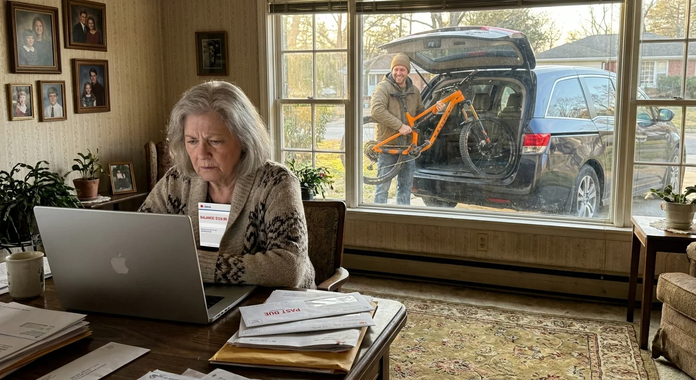 A woman checks a low bank balance on her laptop while her adult son loads an expensive bike into a car outside.