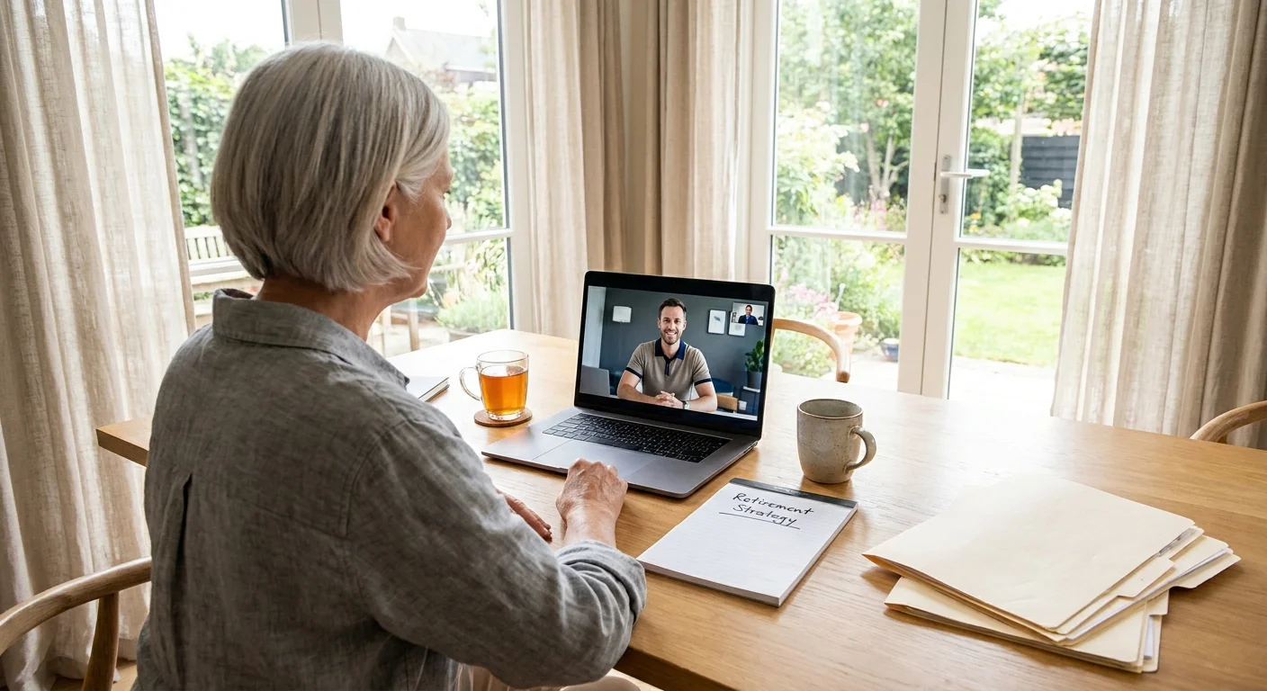 A woman having a video call with a financial advisor from her home office, surrounded by plants and paperwork.