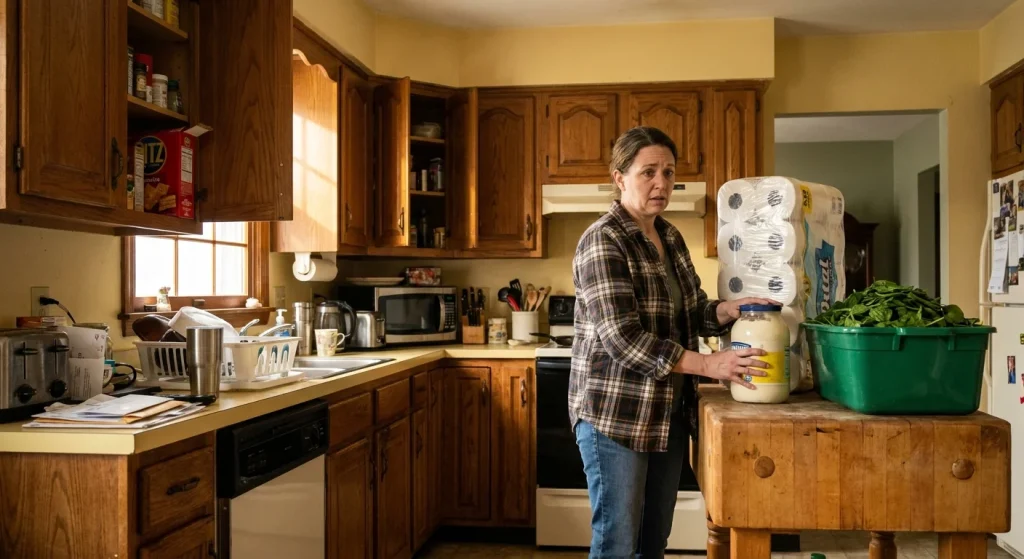 A woman in a kitchen looking overwhelmed while trying to store a giant jar of mayonnaise and a massive pack of toilet paper.