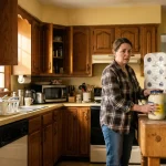 A woman in a kitchen looking overwhelmed while trying to store a giant jar of mayonnaise and a massive pack of toilet paper.