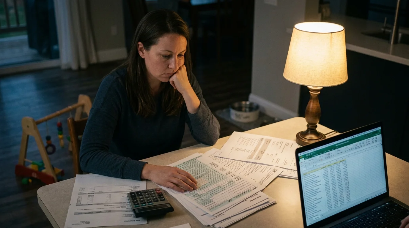 A woman sitting at her kitchen table at night, surrounded by financial paperwork and looking at a laptop.