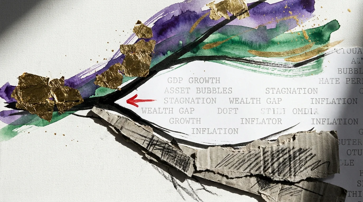 An abstract mixed-media piece showing a single path splitting into two divergent directions, one golden and one grey.