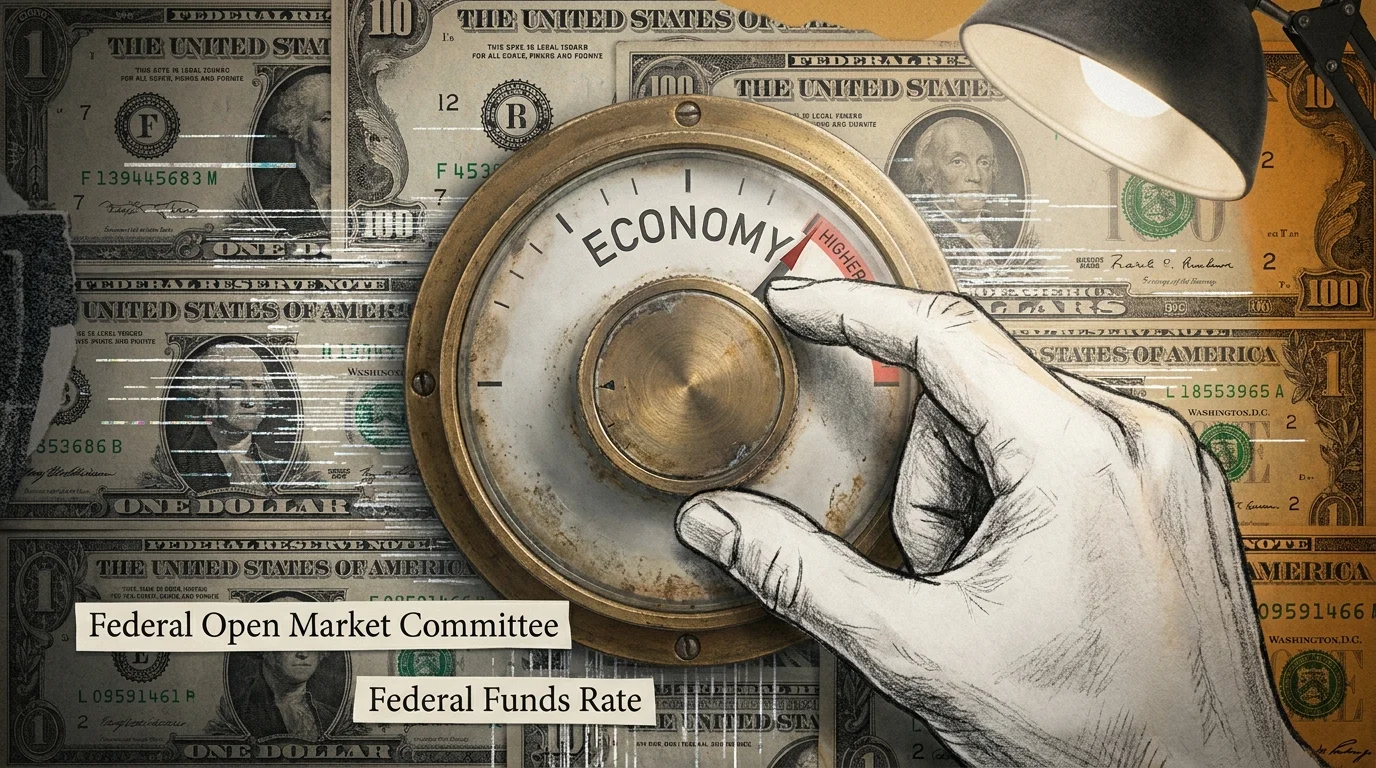 An artistic depiction of a hand adjusting an 'Economy' thermostat, symbolizing the Federal Reserve's control over interest rates.