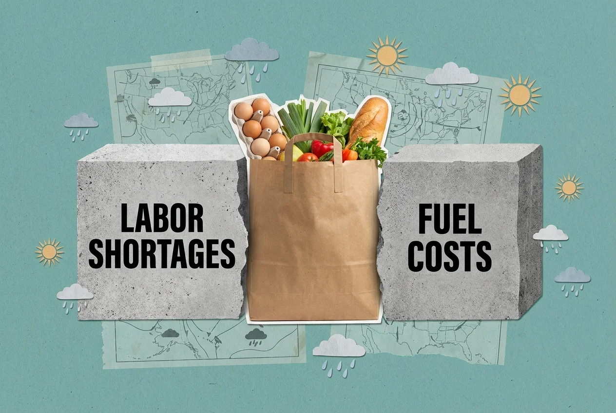 An editorial collage showing a paper grocery bag being squeezed between two heavy blocks labeled Labor Shortages and Fuel Costs.