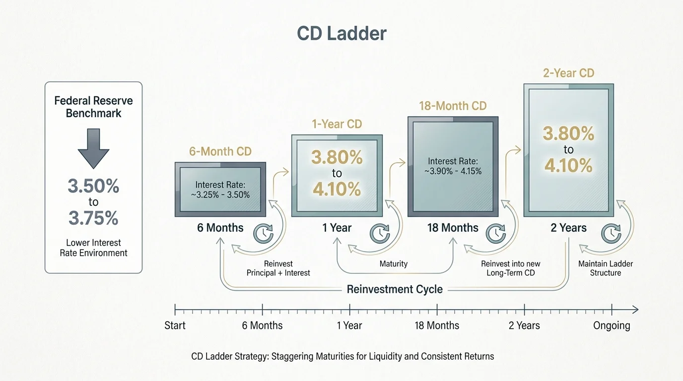 An editorial diagram showing a CD ladder with interest rates ranging from 3.80% to 4.10% against a 3.50% Fed rate.