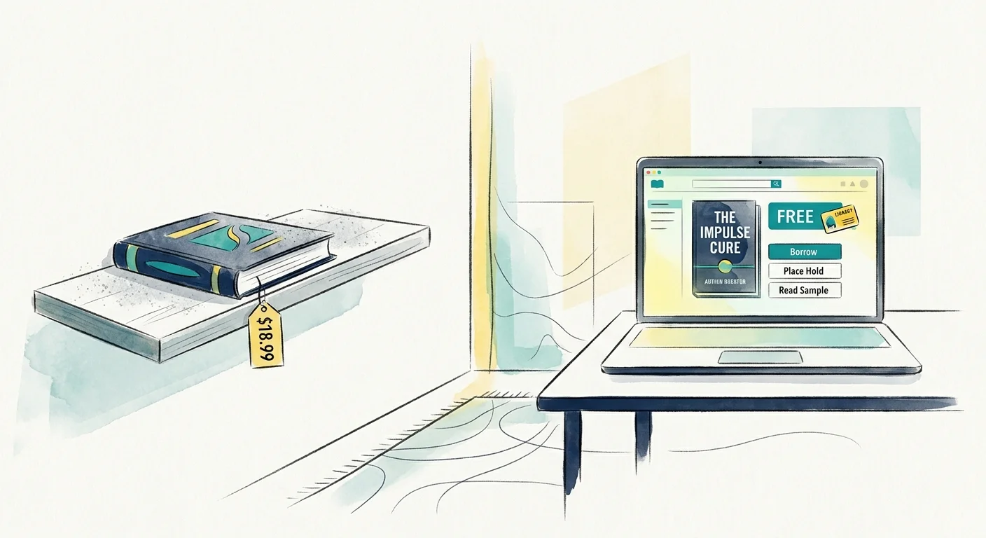 An illustration comparing a $19 book on a shelf to a free digital version on a laptop screen.