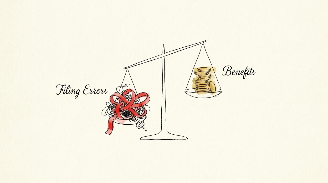An illustration of a balance scale where a pile of coins is being outweighed by a messy tangle of red tape.