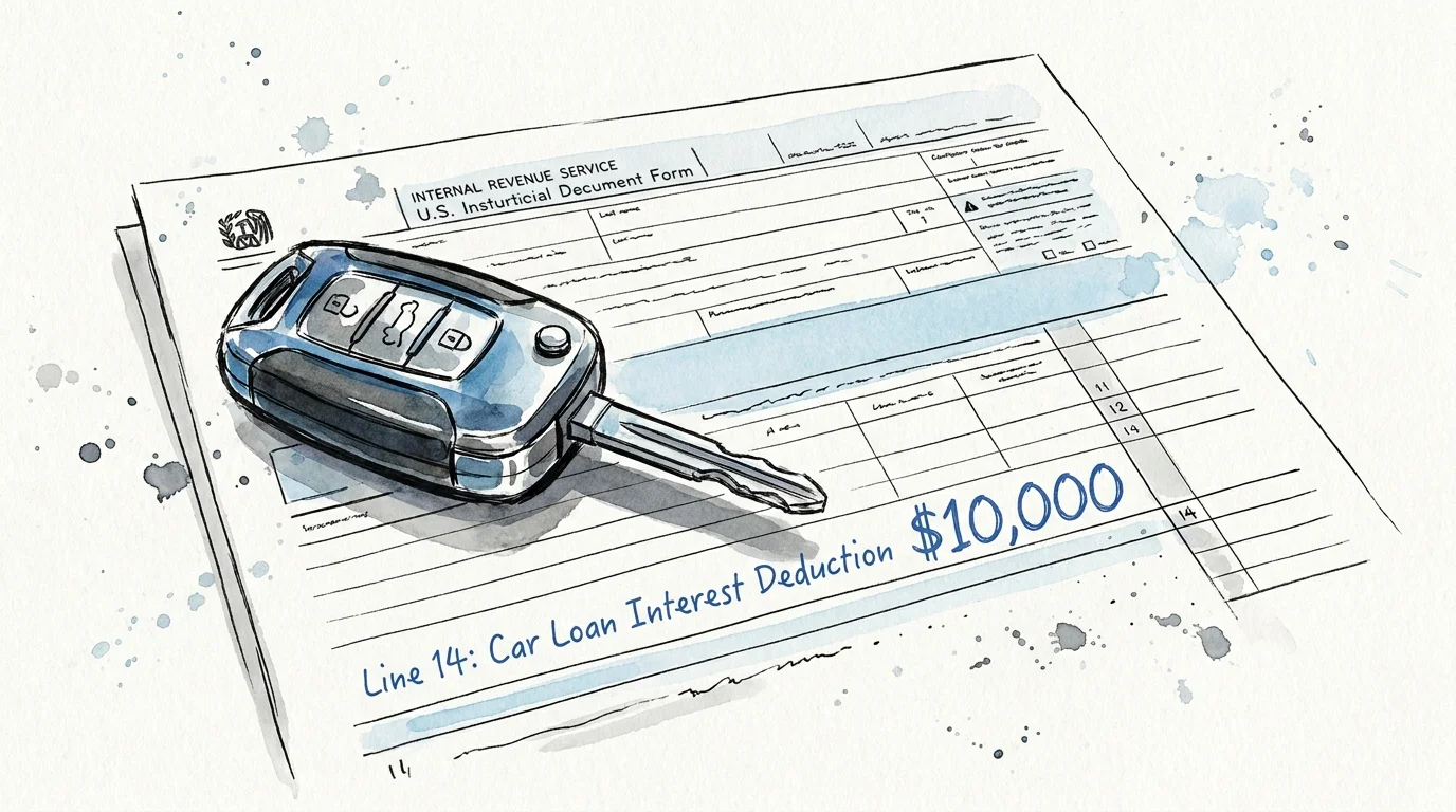 An illustration of a car key sitting on a tax form where a $10,000 car loan interest deduction is highlighted.
