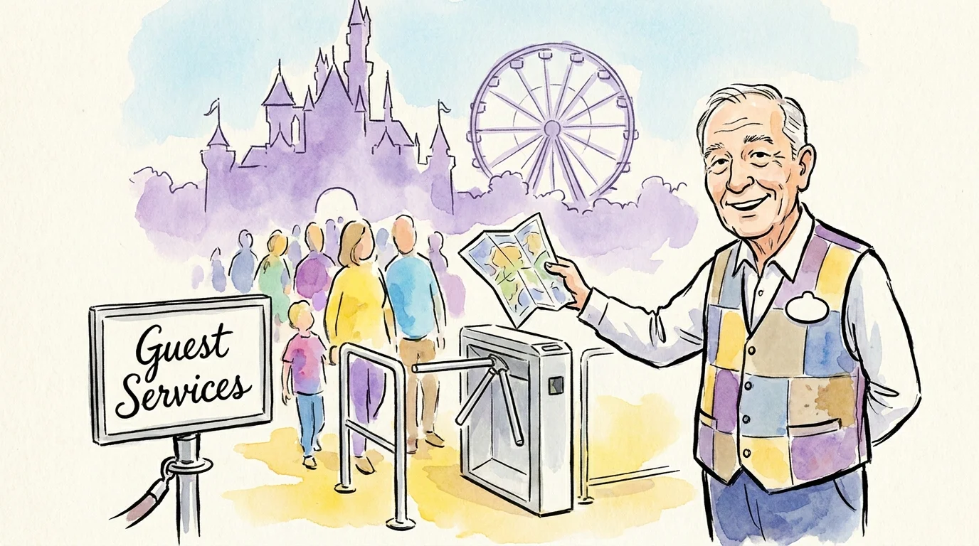 An illustration of a friendly senior worker in a uniform vest helping guests at a Florida theme park entrance.