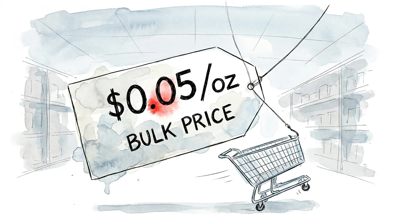 An illustration of a giant price tag reading '$0.05 per ounce' acting as a lure on a fishing hook for a shopping cart.