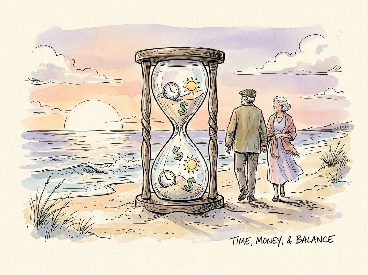 An illustration of a large hourglass on a beach with icons of time and money, representing retirement balance.