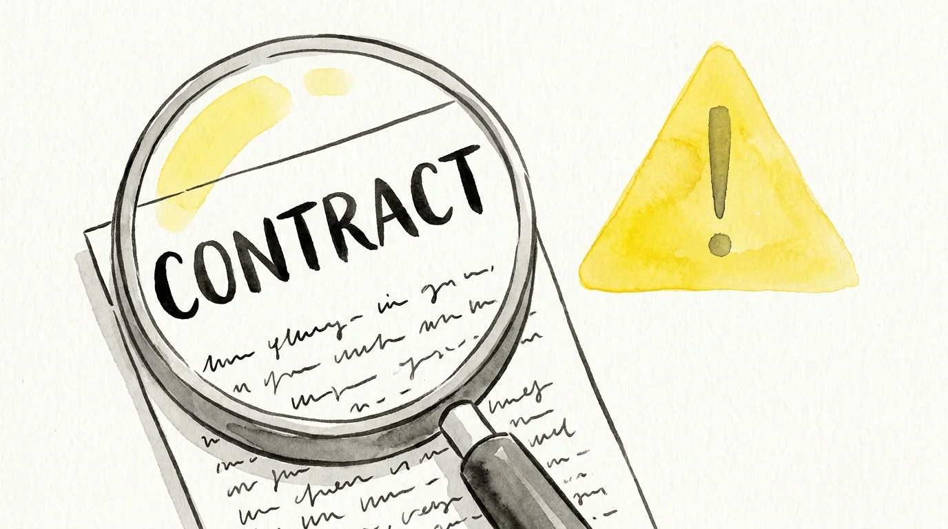 An illustration of a magnifying glass over a contract, symbolizing the need for careful review of job offers.
