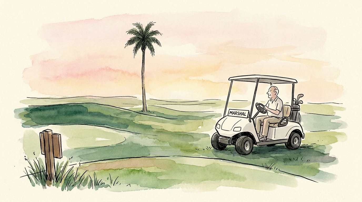 An illustration of a senior golf course marshal in a cart looking over a green fairway at sunrise.