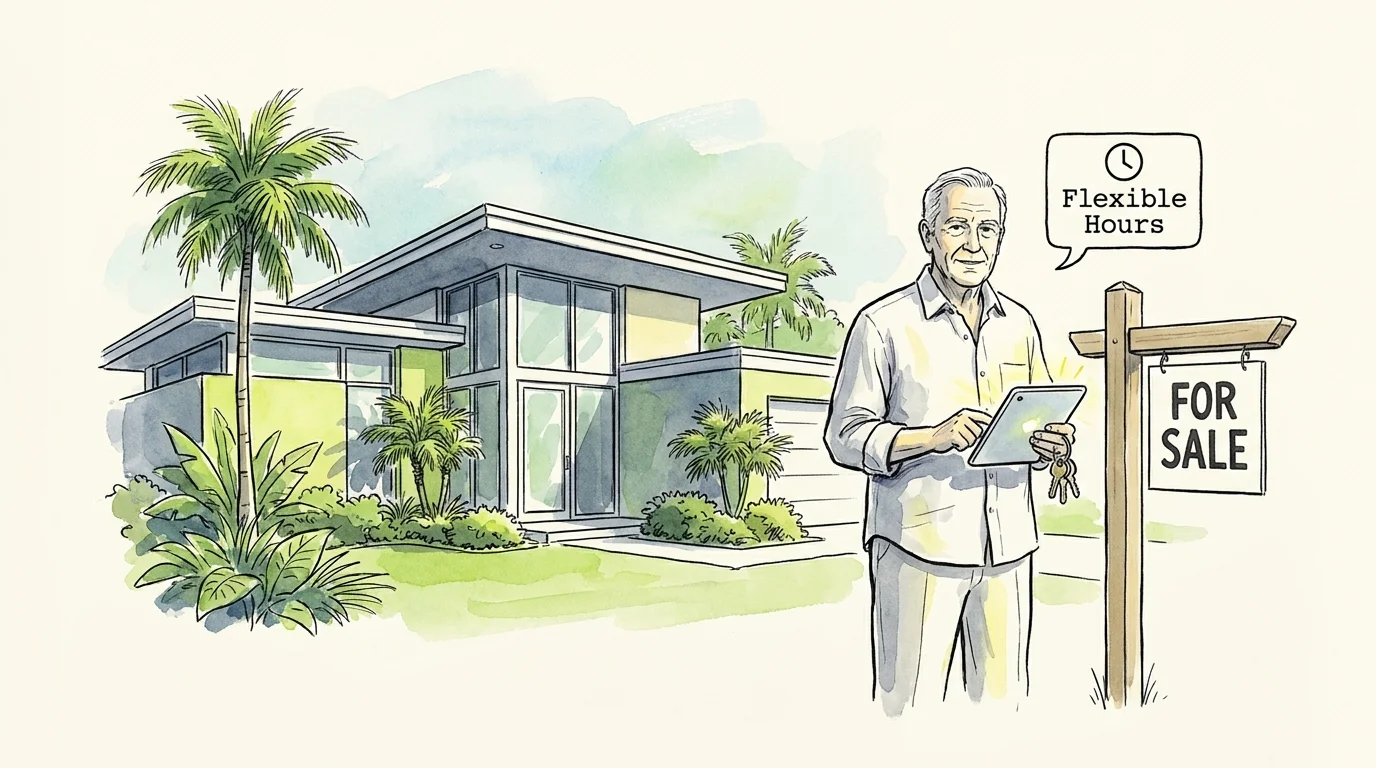 An illustration of a senior real estate assistant with a tablet and keys standing by a for-sale sign.