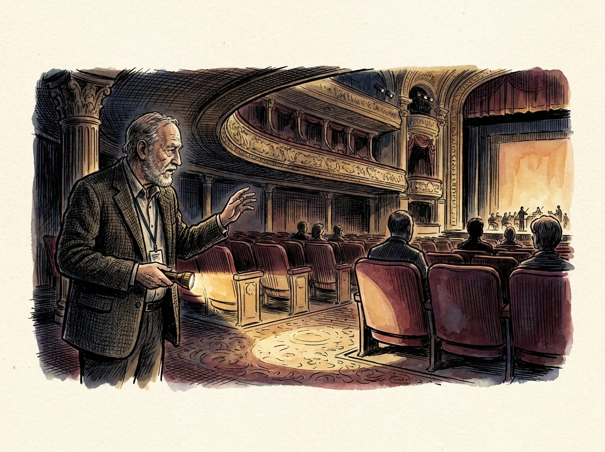 An illustration of a senior usher with a flashlight guiding people to their seats in a dark theater.