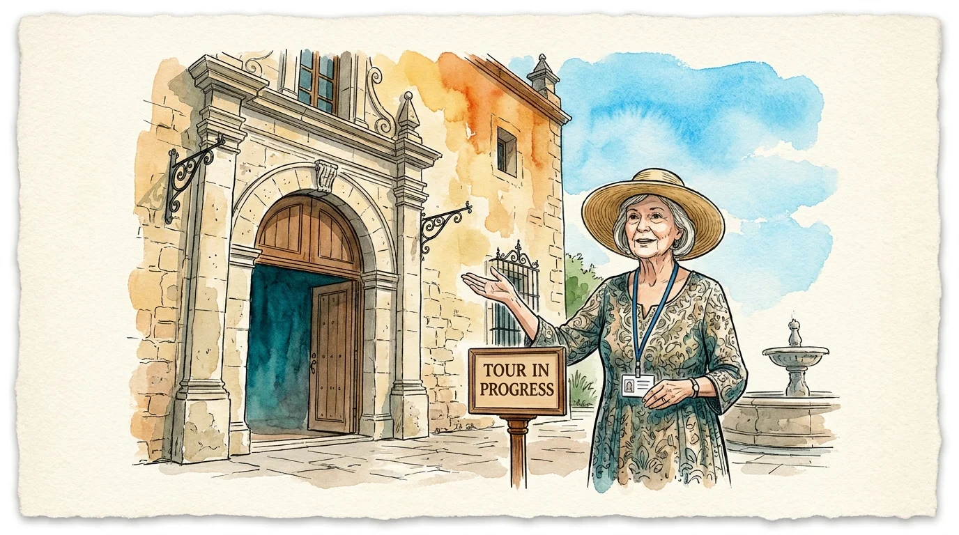 An illustration of a senior woman giving a tour in front of a historic Florida building.
