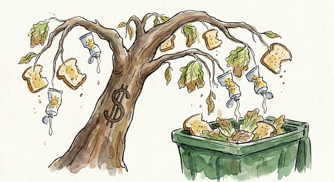 An illustration of a tree where the leaves are rotting food and old products falling into a trash can.
