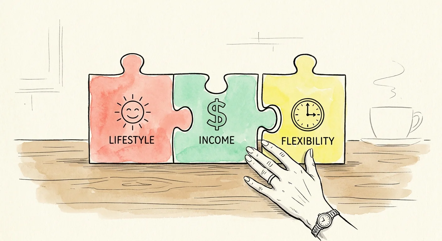 An illustration of puzzle pieces representing lifestyle, income, and flexibility being fit together.