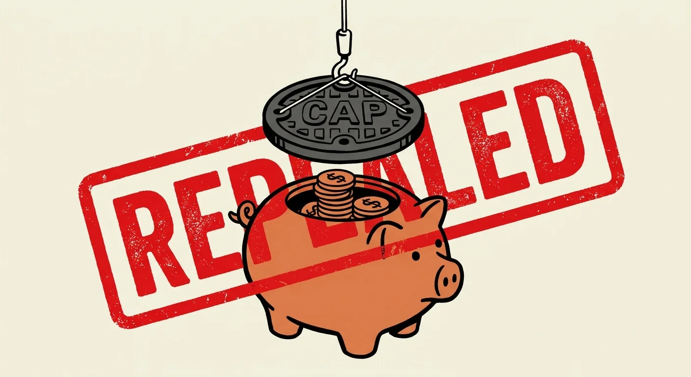 An illustration showing a 'cap' being lifted off a piggy bank with a large 'REPEALED' stamp across the image.