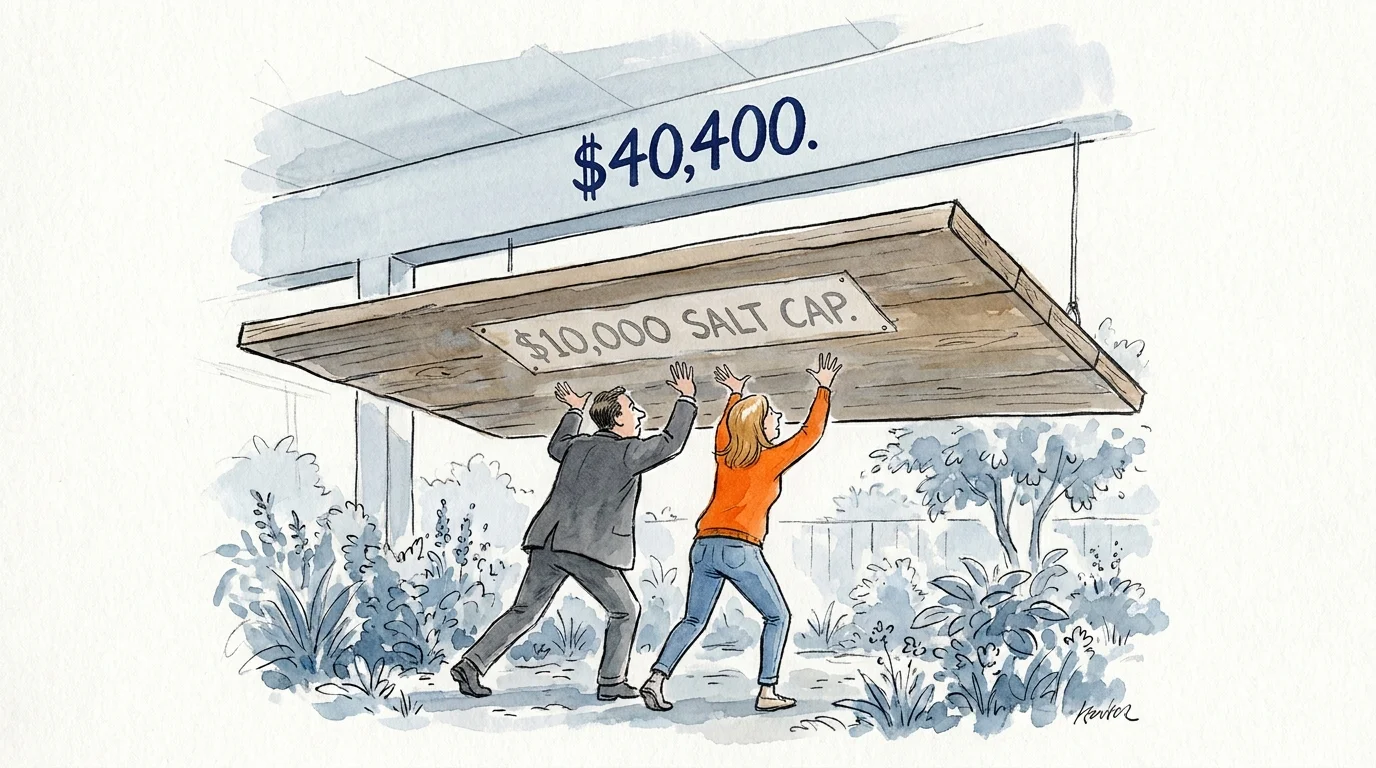 An illustration showing people lifting a low ceiling labeled $10,000 to reveal a much higher $40,400 ceiling, symbolizing the SALT cap incre