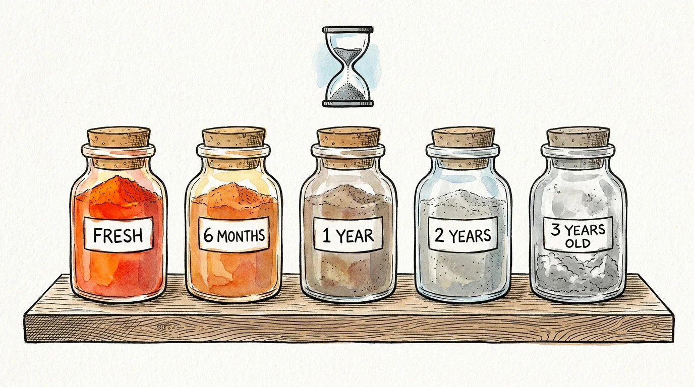 An illustration showing spice jars fading from vibrant orange to dull grey over a three-year timeline.