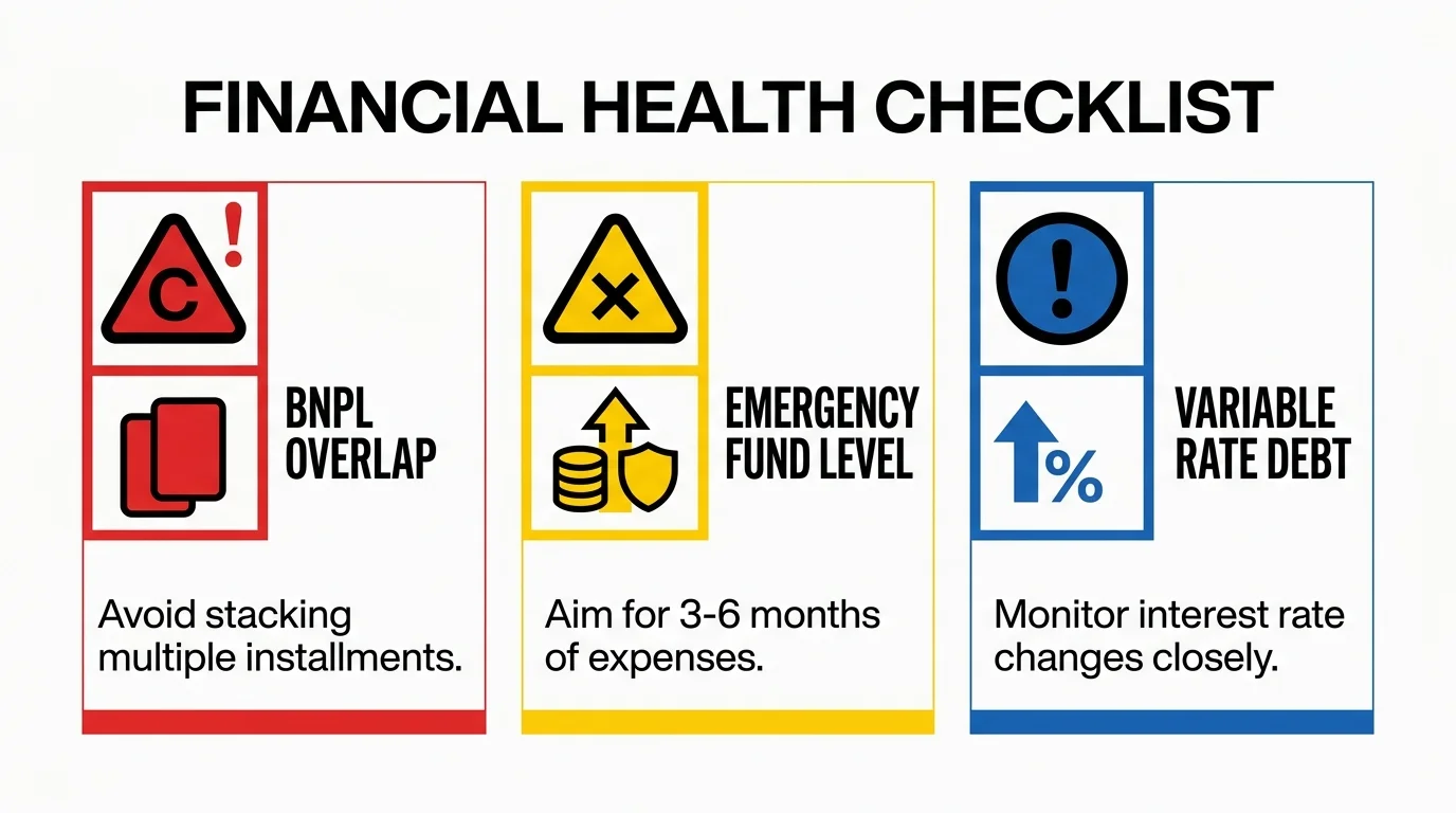An infographic checklist showing caution signs for BNPL stacking, emergency fund levels, and variable debt.