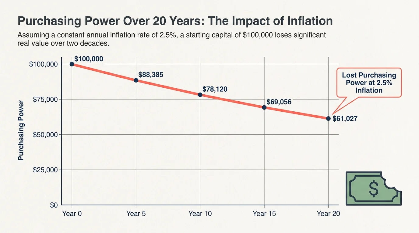 An infographic line chart showing $100,000 losing purchasing power over 20 years due to 2.5 percent inflation.