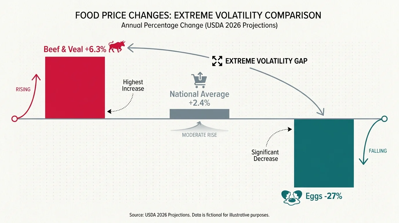 An infographic showing 2026 price changes: Beef up 6.3 percent, the national average up 2.4 percent, and eggs down 27 percent.