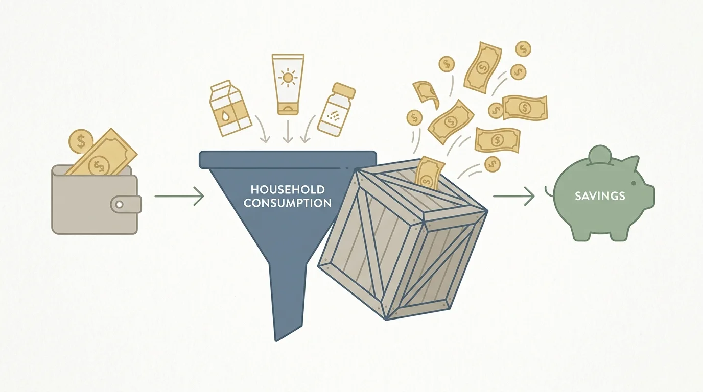 An infographic showing small items passing through a 'Consumption Funnel' to savings while a bulk item gets stuck and loses money.