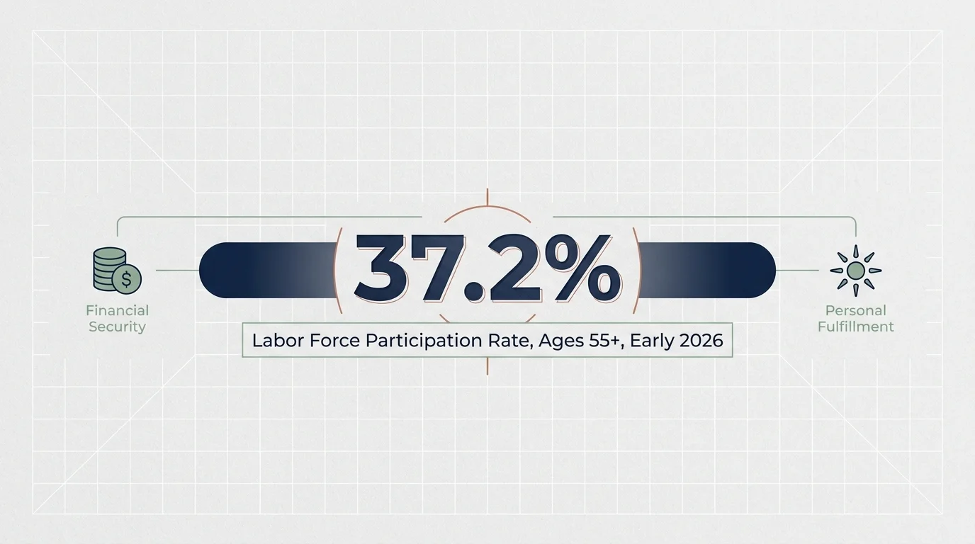 An infographic showing that the labor force participation rate for workers 55 and older reached 37.2% in early 2026.