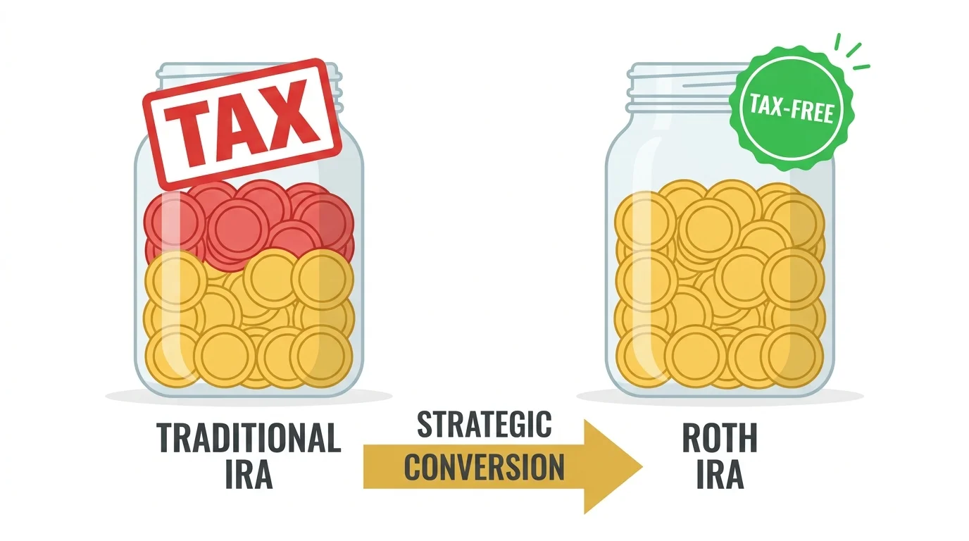 An infographic showing two jars labeled Traditional IRA and Roth IRA, illustrating the tax-deferred vs tax-free difference.
